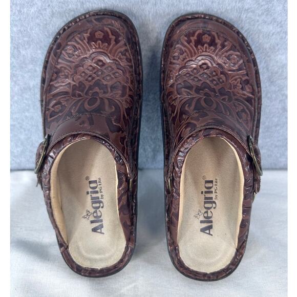 Alegria Womens sz 35 (US 5/5.5) SEV-574 Embossed Brown Leather Clog Comfort Mule - Picture 3 of 9